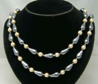 1950s Long 2 Row Grey & Cream Faux Pearl Bead Necklace