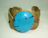 Unique Wide Pleated Style Gold Cuff Bangle with Large Turquoise Stone