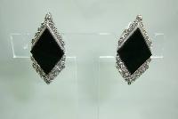 Art Deco Style Sterling Silver Black Onyx + Marcasite Clip on Earrings