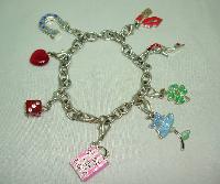 Fabulous Enamel and Diamante Silvertone Charm Bracelet 8 Super Charms