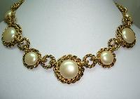 1980s Chunky Faux Pearl and Gold Chain Link Collar Necklace Stunning!