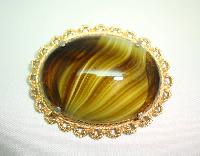 Vintage 50s Signed Sphinx Large Domed Green Agate Glass Gold Brooch 