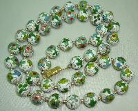 White Green Blue & Gold Cloisonne Flower Bead Necklace