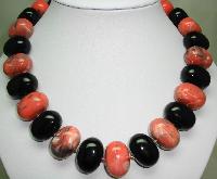 Unique Black and Salmon Pink Marble Effect Chunky Lucite Bead Necklace