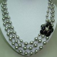 1950s Style 3 Row Grey Faux Pearl Bead Necklace Black Enamel Flower