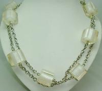 Vintage 70s Chunky Clear White Lucite Cube Bead Silvertone Necklace