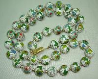 White Green Blue & Gold Cloisonne Flower Bead Necklace