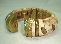 Vintage 30s Chunky Wide Bone and Brass Ornate Cuff Bangle Bracelet