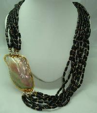Vintage 70s 9 Row Brown Bead Necklace Huge MOP Side Feature Fabulous!