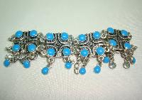 50s Style Wide Turquoise Blue Dangle Drop Ornate Link Silver Bracelet