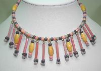 1960s Pink and Grey Glass and Wood Bead Drop Flexible Choker Necklace 