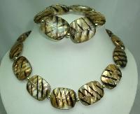 Chunky Gold Black Stripe Lucite Bead Necklace with Matching Bracelet