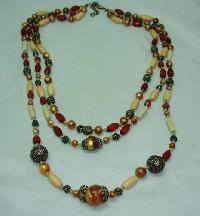 1930s Style 3 Row Cream Red & Gold Lucite Bead Necklace