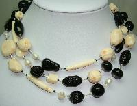 Black and Cream Rose Carved Lucite Bead Necklace with Cultured Pearls!