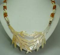 Art Deco Unusual Mother of Pearl Entwined Leaf and Amber Bead Necklace