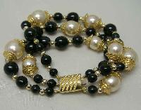 Vintage 80s Fab 3 Row Black Glass and Faux Pearl Bead Gold Bracelet