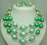 50s Signed Vendome 3 Row Green Pearl  Crystal Necklace and Earrings 