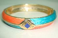 Vintage 80s Quality Orange and Green Enamel Stripe Goldtone Bangle