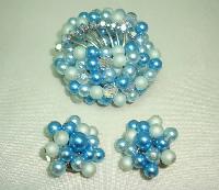 1950s Teal Blue Pearl Crystal Bead Diamante Brooch and Clip Earrings 