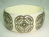 Fabulous Wide Chunky Cream and Gold Lace Inset Design Lucite Bangle