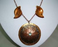 1960s Signed Moda Designer Large Copper Flower Pendant and Earrings