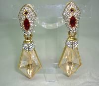 Signed Swarovski Red and Clear Crystal Dangle Gold Clip On Earrings 