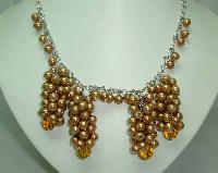 1950s Style Gold Faux Pearl Bead Cluster Drop Necklace