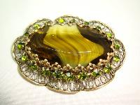 Vintage 50s Large Moss Green Agate Glass and Diamante Scallop Brooch