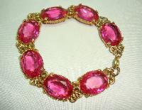 Vintage 50s Sparkling Large Pink Glass Paste Goldtone Bracelet Wow!