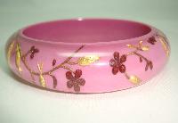 Designer Zsiska Pink Gold and Red Flowers Birds Clear Lucite Bangle