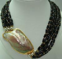 Vintage 70s 9 Row Brown Bead Necklace Huge MOP Side Feature Fabulous!