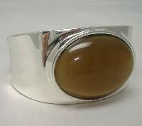 1950s Style Gold Brown Moonglow Glass Silver Wide Clamper Bracelet