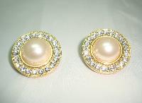 1980s Round Faux Pearl & Diamante Clip On Gold Earrings