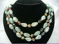 Vintage 50s 3 Row Faux Pearl Green Glass Bead Necklace