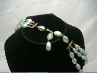 Vintage 50s 3 Row Faux Pearl Green Glass Bead Necklace