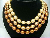 Vintage 50s 3 Row Shades of Cream and Gold Faux Pearl Bead Necklace