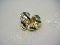 Vintage 80s Quality Blue Green Enamel Diamante Gold Clip on Earrings