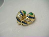 Vintage 80s Quality Blue Green Enamel Diamante Gold Clip on Earrings