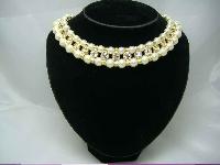 Vintage 80s Faux Pearl Bead & Diamante Choker Necklace