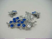 1950s Blue Diamante Floral Silver Brooch & Earrings Set