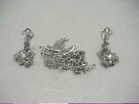 1950s Blue Diamante Floral Silver Brooch & Earrings Set