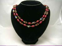 1950s 2  Row Red AB Crystal Glass & Pearl Bead Necklace