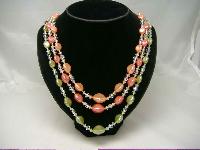 1950s 3 Row Green & Coral Pearl & Crystal Bead Necklace