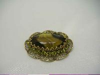 Vintage 50s Large Moss Green Agate Glass and Diamante Scallop Brooch